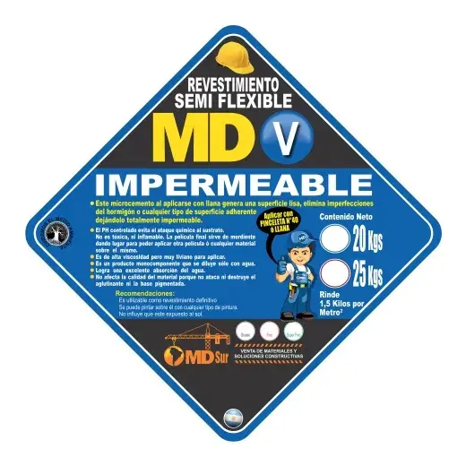 MDV REVESTIMIENTO SEMIFLEXIBLE Es un microcemento que aplicado con llana genera una superficie lisa, elimina imperfecciones del hormigon, lo hace totalmente impermeable. Material practico y facil de aplicar. Excelente duración.